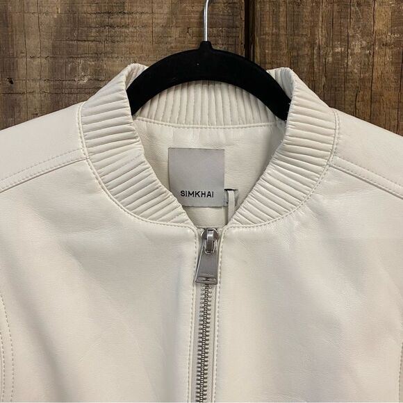 $645 Jonathan Simkhai Doreen Faux Leather Bomber Jacket Ivory NWT Revolve L - Picture 10 of 14